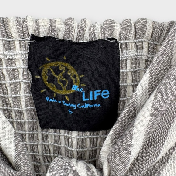 Blue Life Mila Tie Front Linen Blend Crop Top in Grey Stripe Women's Size S - Picture 4 of 6